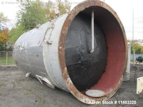 Used- 12,000 Gallon Stainless Steel Tank. 12' diameter x 16' straight side. 4' carbon steel skirt; dished ends. 24" side bot...