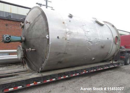 Used- 12,000 Gallon Stainless Steel Tank. 12' diameter x 16' straight side. 4' carbon steel skirt, dished ends, 24" side bot...