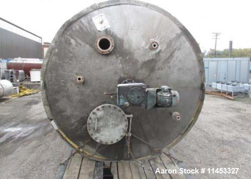 Used- 12,000 Gallon Stainless Steel Tank. 12' diameter x 16' straight side. 4' carbon steel skirt, dished ends, 24" side bot...
