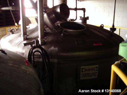 Used Mueller, Approximately 8,000 Gallon 316L Stainless Steel Vertical Storage Tank. 11 diameter x 109" high straight side. Welded dished top and bottom. Top Fittings: 22" manway, 8" center agitation...