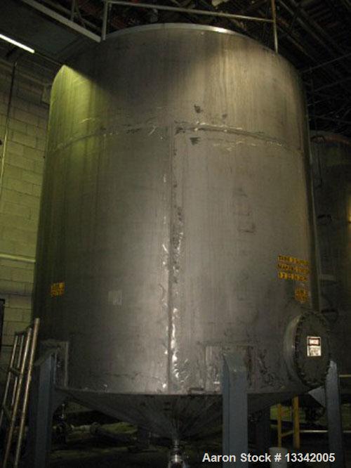 Used Approximately 8,600 Gallon, 316 Stainless Steel, Vertical Tank. Approximately 11' diameter x 183" cone bottom. Side manway and center bottom outlet..1875" thick heads and sidewall.