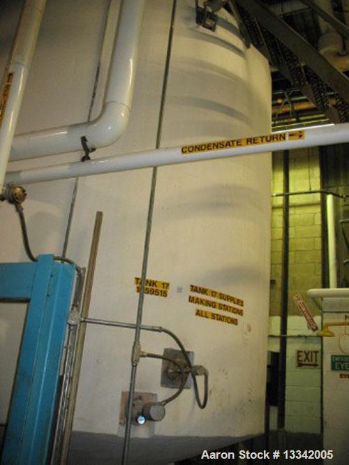Used Approximately 8,600 Gallon, 316 Stainless Steel, Vertical Tank. Approximately 11' diameter x 183" cone bottom. Side manway and center bottom outlet..1875" thick heads and sidewall.
