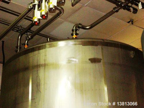 Used 7,500 Gallon Stainless Steel Mix Tank. 10' diameter x 11'6" straight side. 15'6" overall height. 8 mild steel legs. Side agitator, 5 hp, 208-230-460V, 3/60. Dished heads.