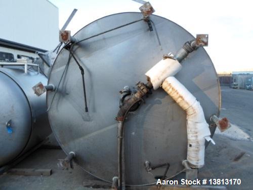 Used 5000 Gallon Jacketed SFI Stainless Steel Storage Tank. 10' diameter, 11 1/2' straight wall. Top agitated with 5 hp 3/60/240/480V motor, 1680 RPM.