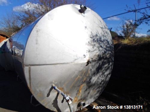Used 6000 Gallon Stainless Steel Storage Tank. Approximately 94'' diameter, 16' straight wall, side manhole.  Inlets 3-1.5'' threaded 2-3''. Outlets 3'' bolt flange. Tank has large dent in top.