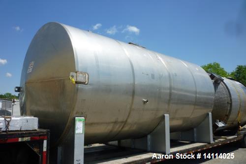 Used 12,000 Gallon Stainless Steel Tank. 316 stainless steel, horizontal. 10' diameter x 20'. 1' peak ends, 22' long x 11' high. 20'' oval front manway. 24" x 24" top manway. 3" tri clamp drain. 4'' ...
