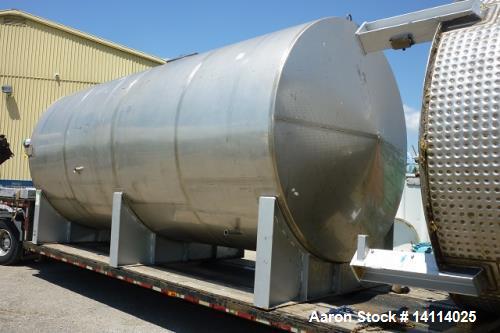 Used 12,000 Gallon Stainless Steel Tank. 316 stainless steel, horizontal. 10' diameter x 20'. 1' peak ends, 22' long x 11' high. 20'' oval front manway. 24" x 24" top manway. 3" tri clamp drain. 4'' ...