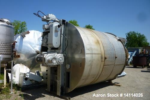 Used 7,200 Gallon Stainless Steel Scrape Agitation Tank. Jacketed, 316L stainless steel, vertical. 10' inside diameter x 11'9''. 18' high, 24'' cone bottom. 3'' tri clamp discharge. Two zone dimple j...