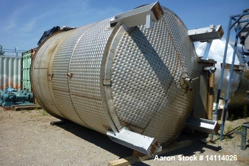 Used 7,200 Gallon Stainless Steel Scrape Agitation Tank. Jacketed, 316L stainless steel, vertical. 10' inside diameter x 11'9''. 18' high, 24'' cone bottom. 3'' tri clamp discharge. Two zone dimple j...