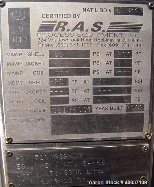 Used: R.A.S. Process Equipment pressure tank, 9000 gallon, 316L stainless steel, horizontal. Approximately 114" diameter x 14' long, dished ends. Internal rated 35 psi at 200 deg.f.. (6) top nozzles,...