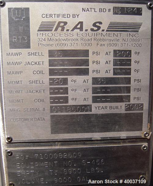 Used: R.A.S. Process Equipment pressure tank, 9000 gallon, 316L stainless steel, horizontal. Approximately 114" diameter x 1...