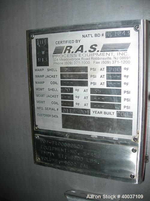Used: R.A.S. Process Equipment pressure tank, 9000 gallon, 316L stainless steel, horizontal. Approximately 114" diameter x 14' long, dished ends. Internal rated 35 psi at 200 deg.f.. (6) top nozzles,...
