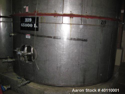 Used: Westeel 17,196 Gallon (65,000 Liter) 304 Stainless Steel Storage Tank. Vertical Design. Approx. 10' Diameter x 31'6"  Long. Slight Cone Top and Sloping Bottom having a 4-1/2" Pitch. Top head ha...