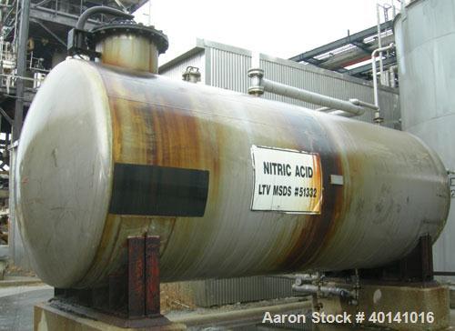 Used: Nitric acid tank, approximately 8,000 gallon, 304 dished heads, horizontal, on carbon steel saddles. (LTV tank MSDS #51322)