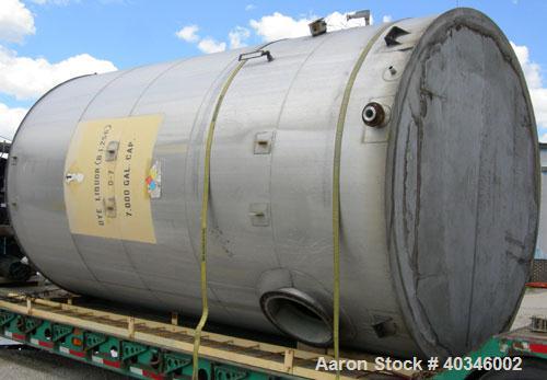 Used Industrial Air Inc Tank, 7,000 gallon, 304 stainless steel, vertical. Approximately 104" diameter x 192" straight side. Flat top and bottom. Carbon steel agitator bridge with an off center top e...