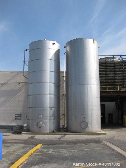 Used 25,000 Gallon 304 Stainless Steel Vertical Storage Tank. Approximate 11' 10" diameter x 30' straight side, flat bottom, side bottom manway. Built in 1987. Last used on hot water storage.