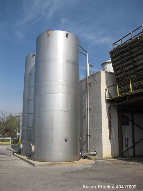 Used 25,000 Gallon 304 Stainless Steel Vertical Storage Tank. Approximate 11' 10" diameter x 30' straight side, flat bottom, side bottom manway. Built in 1987. Last used on hot water storage.