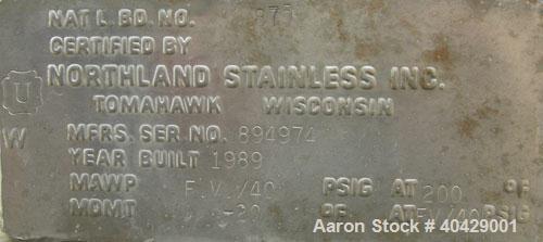 Used Northland Stainless pressure tank, 6500 gallon, 316 stainless steel, vertical. 107 3/8" diameter x 13' straight side, dished top and bottom. Internal rated FV and 40 psi at 200 deg F. Openings: ...