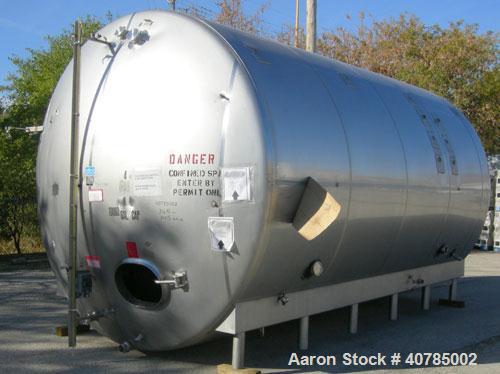 Used DCI Storage Tank, 10,000 gallon capacity, 316L stainless steel, horizontal. 120" inside diameter x 204" straight side, dished heads. Bottom 1/3 dimple jacket rated 62 psi @ 250 degrees F. Insula...