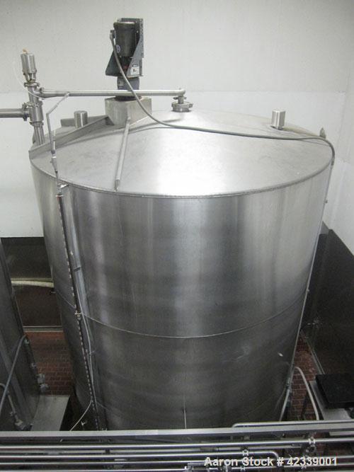 Used Tank, JV Northwest, 6,400 Gallon, stainless steel, 9' 3" diameter x 12' high.  Vertical, slight cone top and bottom.  Top mounted Burhans-Sharpe 1 hp agitator drive connected to a stainless stee...
