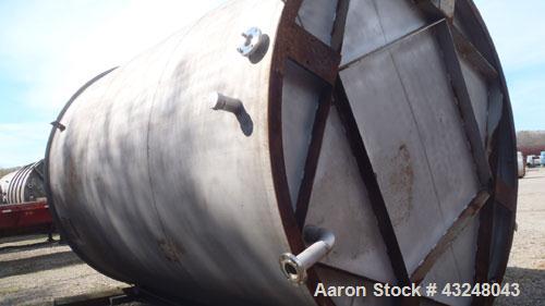 Used Tank, Approximate 10,000 Gallon, 304 Stainless Steel, Vertical. Approximate 132” diameter x 180” straight side. Flat welded top, flat bottom. 24” Man way with cover (4)3”, 3”, off center bottom ...