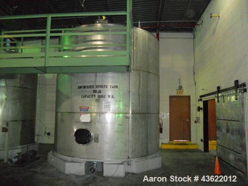 Used Saracco Tank & Mfg Approximately 10,000 Gallon Stainless Steel Storage Tank. Approximately 12' diameter x 12' straight side. Flat bottom and slight cone top. Various top openings including a 17"...