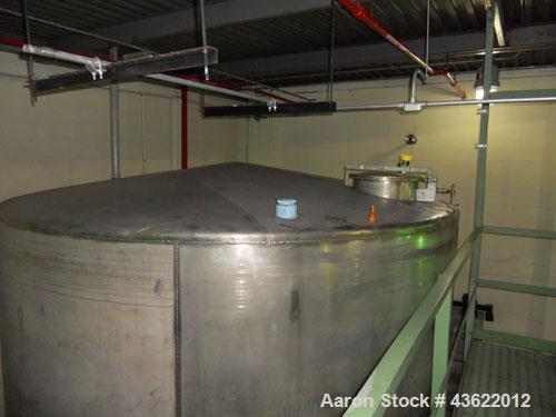Used Saracco Tank & Mfg Approximately 10,000 Gallon Stainless Steel Storage Tank. Approximately 12' diameter x 12' straight side. Flat bottom and slight cone top. Various top openings including a 17"...