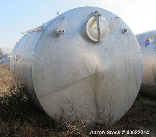Used Saracco Tank & Mfg Approximately 5,200 Gallon Stainless Steel Storage Tank. Approximately 9' diameter x 11' straight side. Flat bottom and slight cone top. Various top openings including a 17" m...