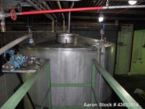 Used Saracco Tank & Mfg Approximately 5,200 Gallon Stainless Steel Storage Tank. Approximately 9' diameter x 11' straight side. Flat bottom and slight cone top. Various top openings including a 17" m...