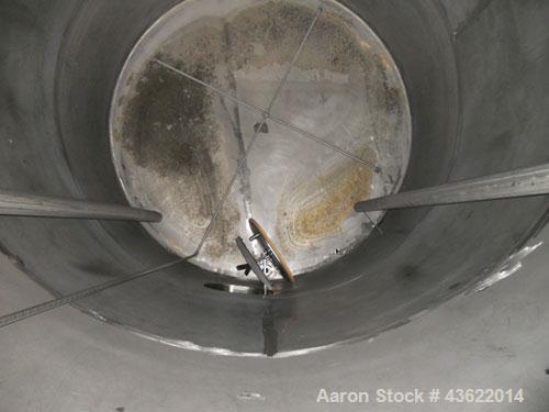 Used Saracco Tank & Mfg Approximately 5,200 Gallon Stainless Steel Storage Tank. Approximately 9' diameter x 11' straight side. Flat bottom and slight cone top. Various top openings including a 17" m...