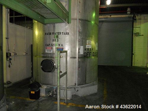 Used Saracco Tank & Mfg Approximately 5,200 Gallon Stainless Steel Storage Tank. Approximately 9' diameter x 11' straight side. Flat bottom and slight cone top. Various top openings including a 17" m...