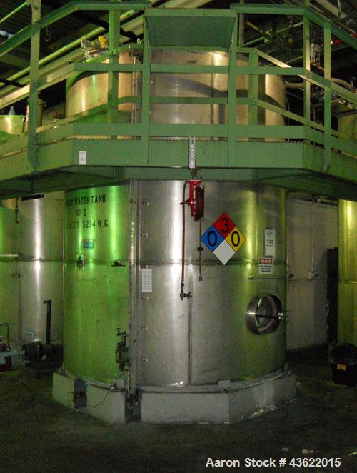 Used Krenz Approximately 5,200 Gallon Stainless Steel Storage Tank. Approximately 9' diameter x 11' straight side. Flat bottom and slight cone top. Various top openings including a 17" manway with co...