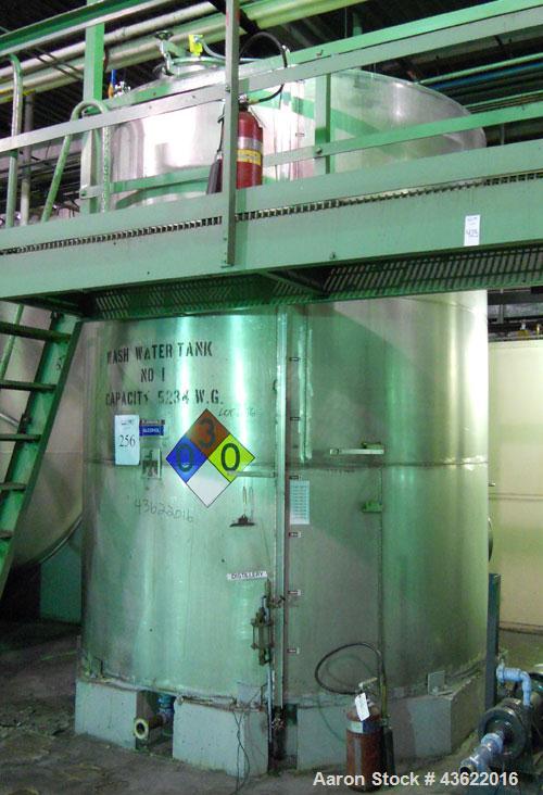 Used Krenz Approximately 5,200 Gallon Stainless Steel Storage Tank. Approximately 9' diameter x 11' straight side. Flat bottom and slight cone top. Various top openings including a 17" manway with co...