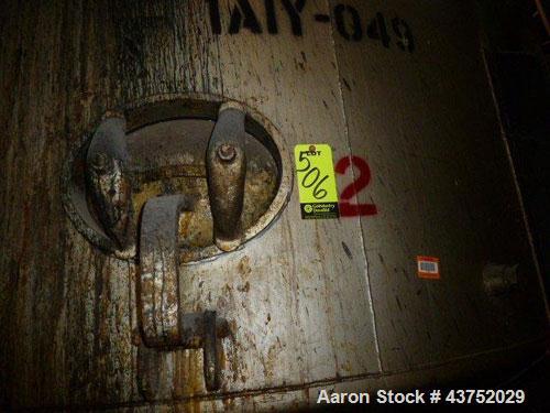 Used Tank, Approximately 7000 Gallon, Stainless Steel. Approximately 102" Diameter x 192" straight side. Dished top and bottom. 4" Center bottom outlet. Mounted on legs.