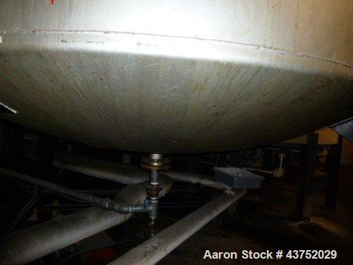 Used Tank, Approximately 7000 Gallon, Stainless Steel. Approximately 102" Diameter x 192" straight side. Dished top and bottom. 4" Center bottom outlet. Mounted on legs.