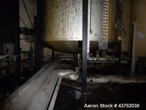 Used Tank, Approximately 7000 Gallon, Stainless Steel. Approximately 102" Diameter x 192" straight side. Dished top and bottom. 4" Center bottom outlet. Mounted on legs.