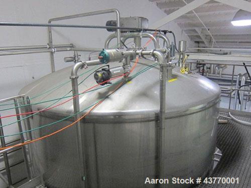 Used 6000 gallon SS Single Shell Dome Top & Bottom Vertical Tank; 112" diameter x 132" straight side; with vertical agitator, baffle and spray ball; Seismic zone rated legs; Tank #5A.