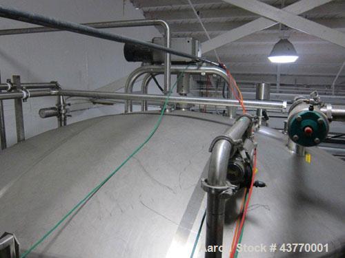 Used 6000 gallon SS Single Shell Dome Top & Bottom Vertical Tank; 112" diameter x 132" straight side; with vertical agitator, baffle and spray ball; Seismic zone rated legs; Tank #5A.