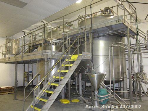 Used 6000 gallon SS Single Shell Dome Top & Bottom Vertical Tank; 112" x 132"; with vertical agitatior, baffle and spray ball; Seismic zone rated legs; Tank #5B.