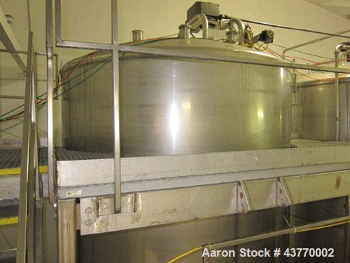 Used 6000 gallon SS Single Shell Dome Top & Bottom Vertical Tank; 112" x 132"; with vertical agitatior, baffle and spray ball; Seismic zone rated legs; Tank #5B.