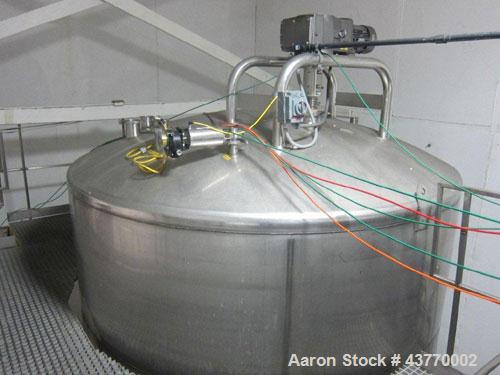Used 6000 gallon SS Single Shell Dome Top & Bottom Vertical Tank; 112" x 132"; with vertical agitatior, baffle and spray ball; Seismic zone rated legs; Tank #5B.