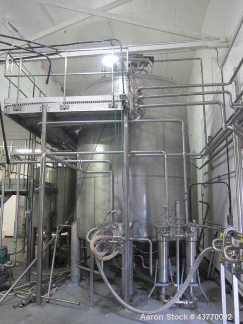 Used 6000 gallon SS Single Shell Dome Top & Bottom Vertical Tank; 112" x 132"; with vertical agitatior, baffle and spray ball; Seismic zone rated legs; Tank #5B.