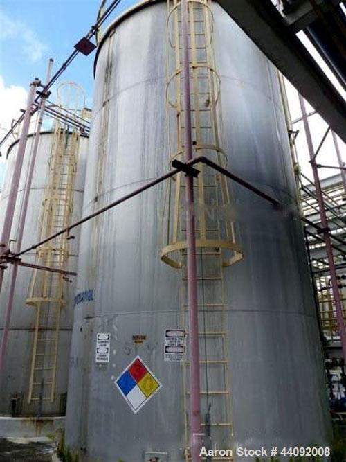 Used Alonso & Carus 25,000 Gallon Stainless Steel Vertical Storage Tank. 13'6" Nominal Diameter x 24' Nominal Height. Flat Bottom & Dish Top. 24" Side Manway with Bolt on Cover. Top Manway with vario...