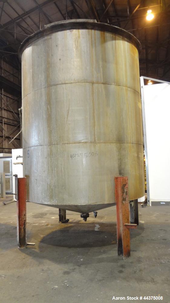 Used Tank, 5000 Gallon, 316 Stainless Steel, Vertical. Approximate 108" diameter x 126" straight side, flat top, coned bottom. Fixed carbon steel agitator bridge, approximate 1/5 top opening with cov...