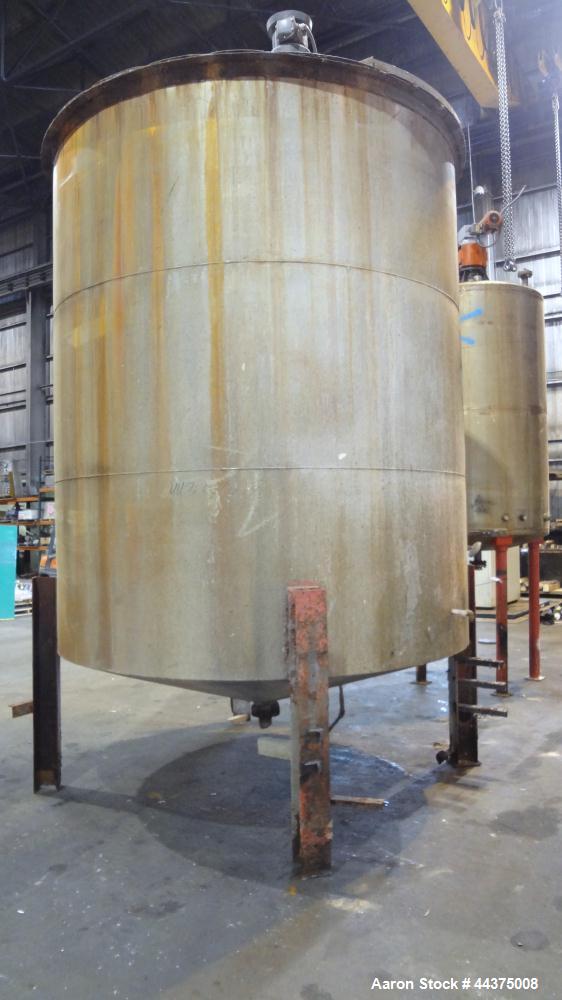 Used Tank, 5000 Gallon, 316 Stainless Steel, Vertical. Approximate 108" diameter x 126" straight side, flat top, coned bottom. Fixed carbon steel agitator bridge, approximate 1/5 top opening with cov...