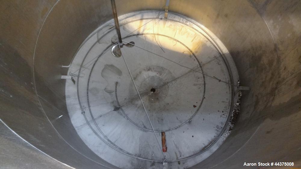 Used Tank, 5000 Gallon, 316 Stainless Steel, Vertical. Approximate 108" diameter x 126" straight side, flat top, coned bottom. Fixed carbon steel agitator bridge, approximate 1/5 top opening with cov...