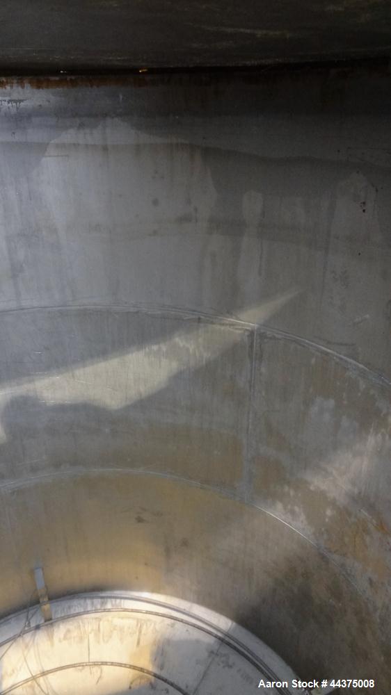 Used Tank, 5000 Gallon, 316 Stainless Steel, Vertical. Approximate 108" diameter x 126" straight side, flat top, coned bottom. Fixed carbon steel agitator bridge, approximate 1/5 top opening with cov...