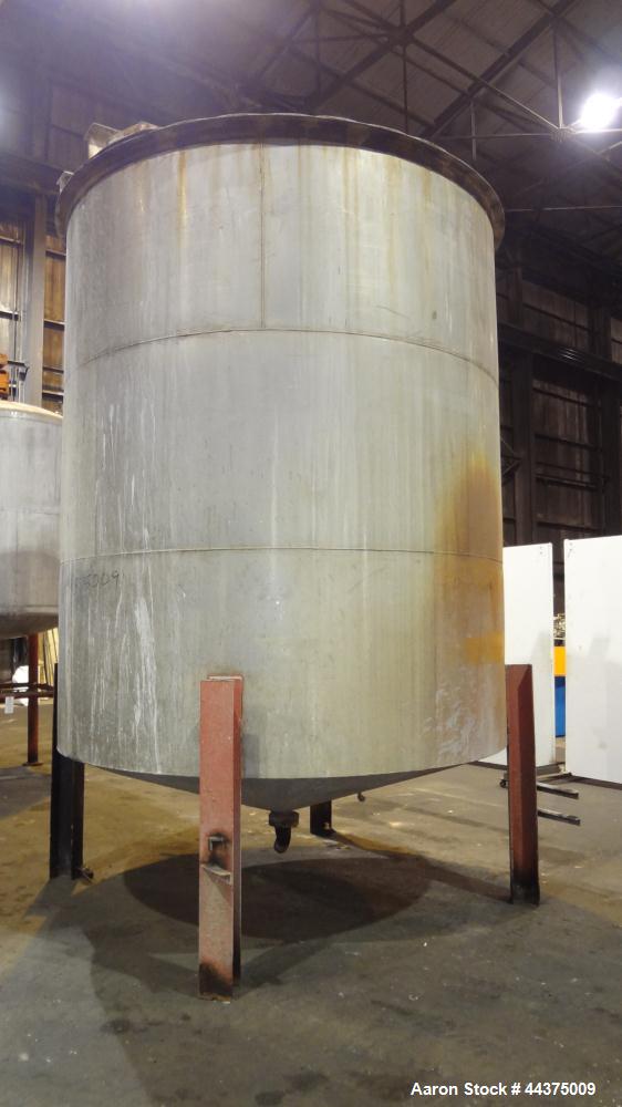 Used Tank, 5000 Gallon, 316 Stainless Steel, Vertical. Approximate 108" diameter x 126" straight side, flat top, coned bottom. Fixed carbon steel agitator bridge, approximate 1/5 top opening with cov...