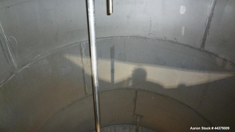 Used Tank, 5000 Gallon, 316 Stainless Steel, Vertical. Approximate 108" diameter x 126" straight side, flat top, coned bottom. Fixed carbon steel agitator bridge, approximate 1/5 top opening with cov...