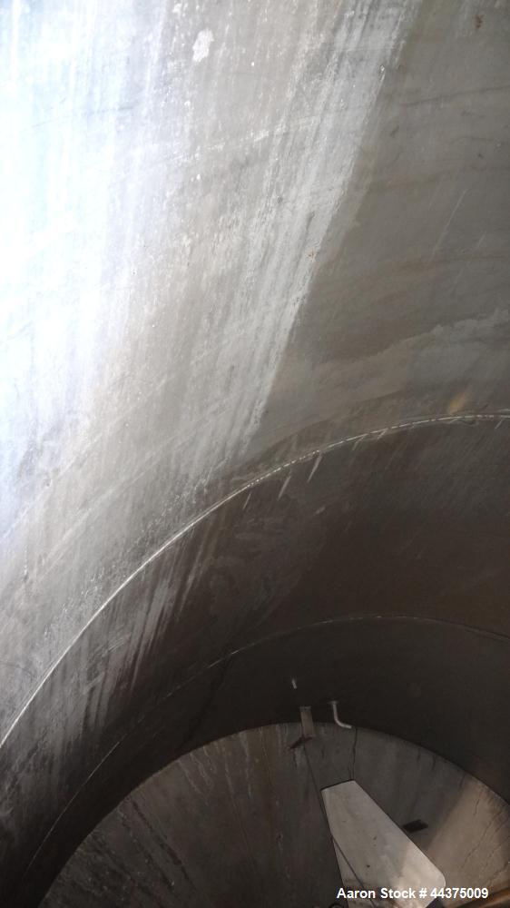 Used Tank, 5000 Gallon, 316 Stainless Steel, Vertical. Approximate 108" diameter x 126" straight side, flat top, coned bottom. Fixed carbon steel agitator bridge, approximate 1/5 top opening with cov...
